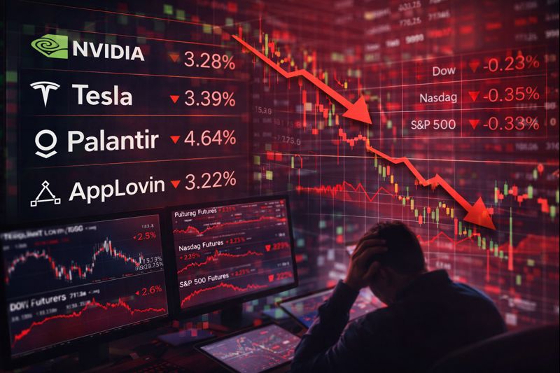 Dow Jones futures signalizujú slabosť technológií po predajných signáloch pre Nvidia, Tesla, Palantir a AppLovin
